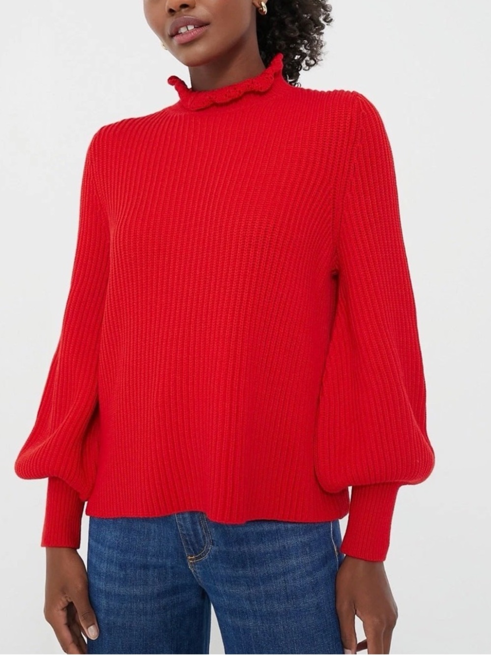 Tuckernuck Delphine Wool Blend Bishop Balloon Sleeve Mock Ruffle Neck Sweater